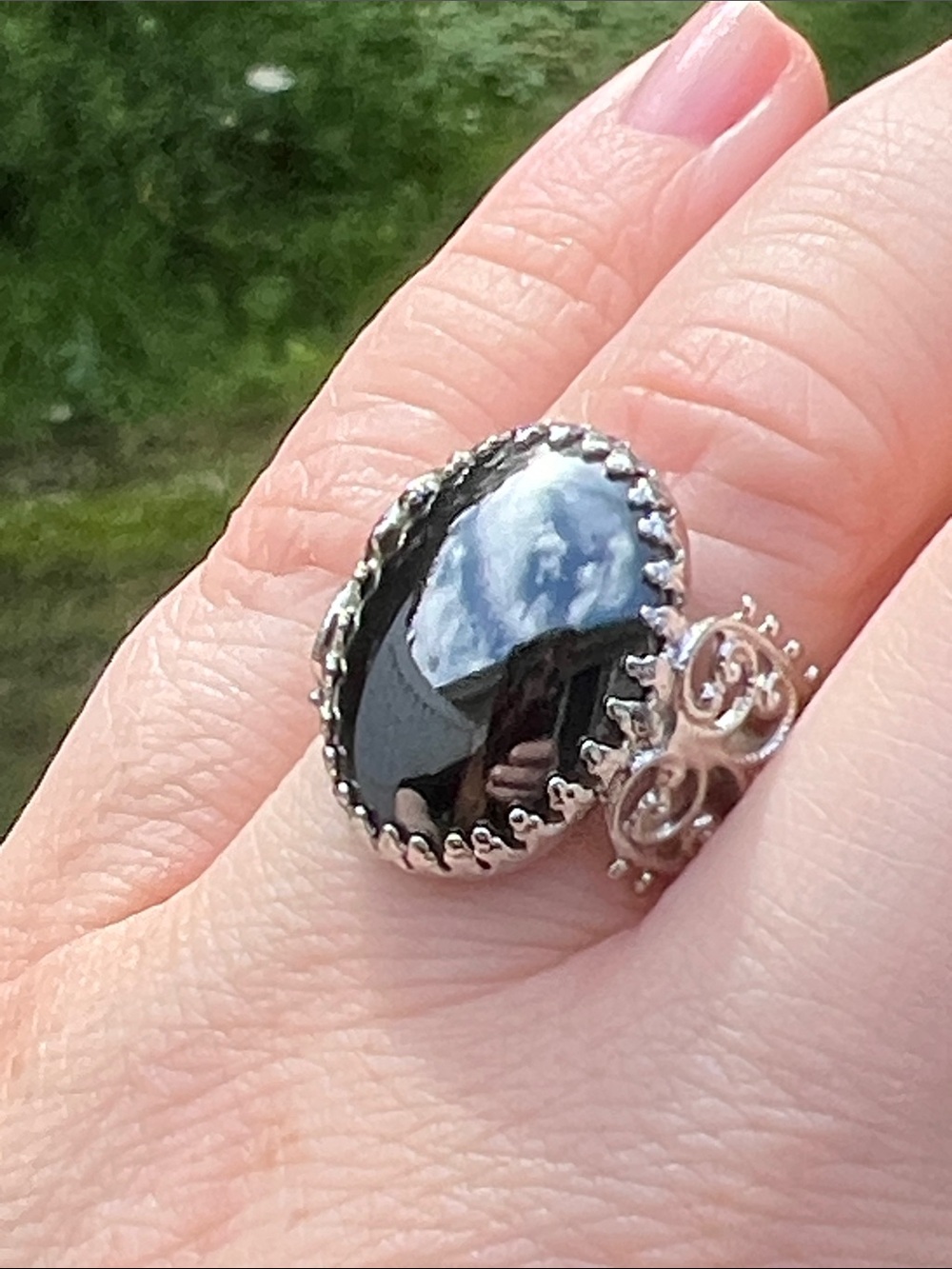 Vintage Gothic Shiny Oval Hematite Silver Filigree Adjustable Statement Ring